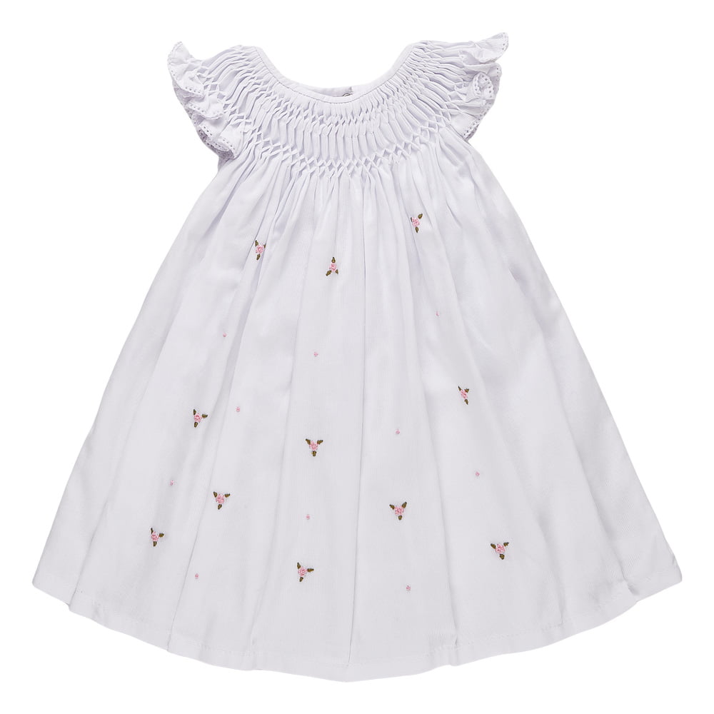 Vestido casinha de abelha branco com rosa bordado à mão