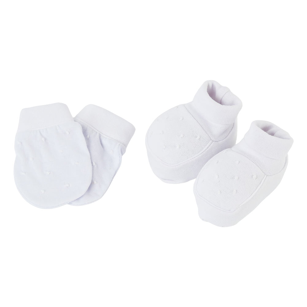 Pantufa e Luvinha em Malha Canelada 100% Algodão com Bordado poá Branca
