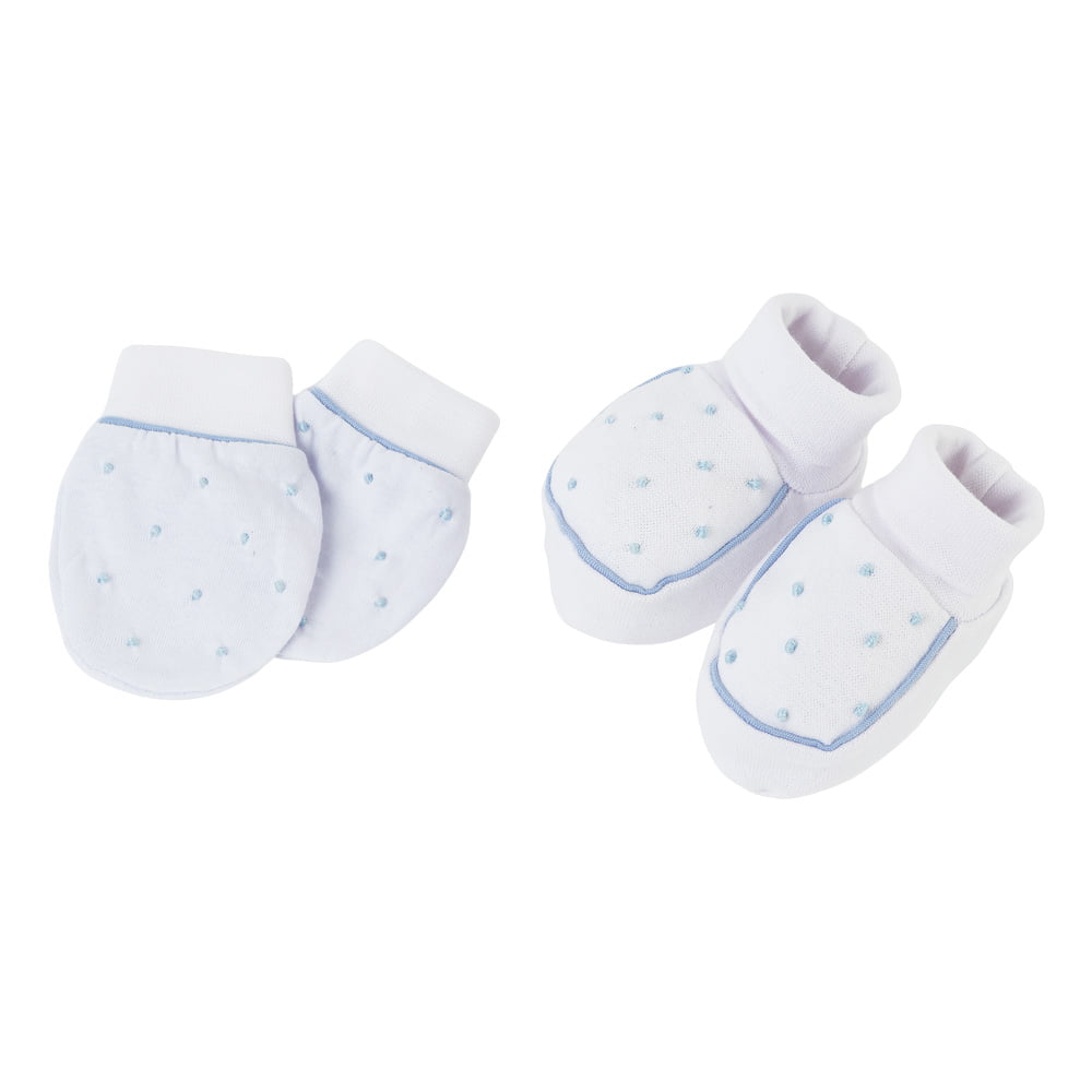 Pantufa e Luvinha em Malha Canelada 100% Algodão com Bordado  poá azul