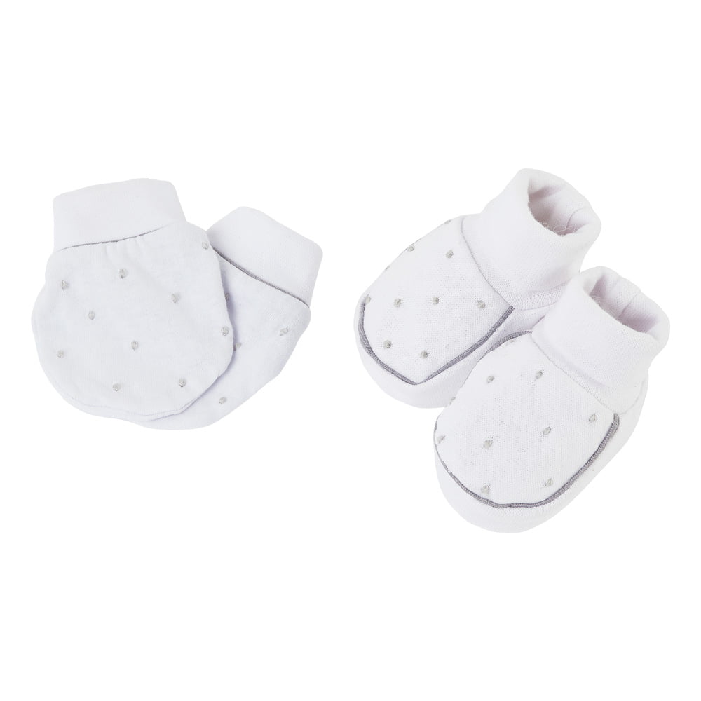 Pantufa e Luvinha em Malha Canelada 100% Algodão com Bordado poá cinza