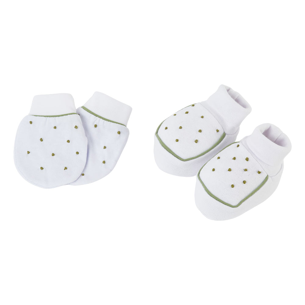 Pantufa e Luvinha em Malha Canelada 100% Algodão com Bordado poá verde