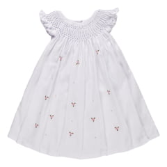 Vestido casinha de abelha branco com rosa bordado à mão
