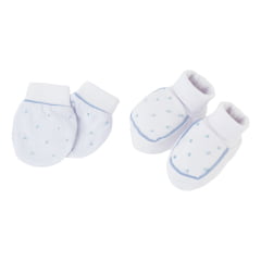Pantufa e Luvinha em Malha Canelada 100% Algodão com Bordado  poá azul