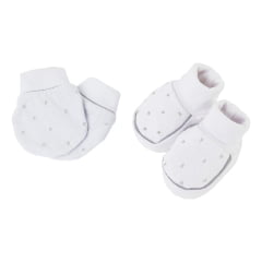 Pantufa e Luvinha em Malha Canelada 100% Algodão com Bordado poá cinza