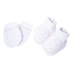 Pantufa e Luvinha em Malha Canelada 100% Algodão com Bordado poá rosa