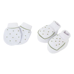 Pantufa e Luvinha em Malha Canelada 100% Algodão com Bordado poá verde